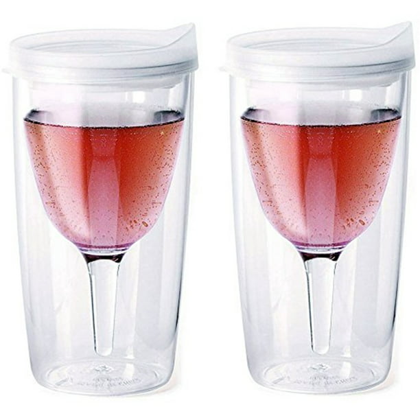 Wine Champagne Tumbler Insulated Double Wall Acrylic Red Lid Drink Cup 10oz 2PK